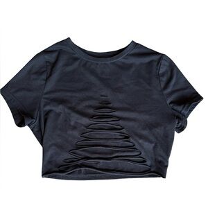 SHEIN Women’s Black Crop Top with open slices in front. Size Medium.